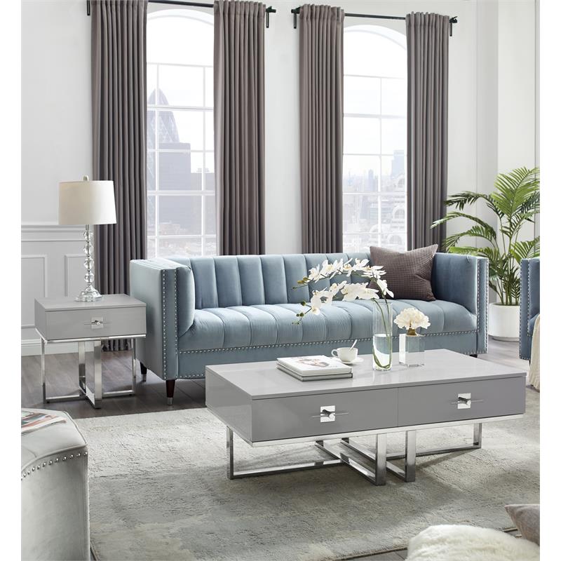 Bowery Hill 2-Drawers Stainless Steel Base Coffee Table in Light Gray and Chrome