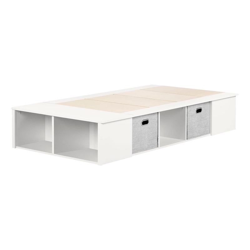 Bowery Hill Contemporary Wood Twin Platform Bed with Baskets in White