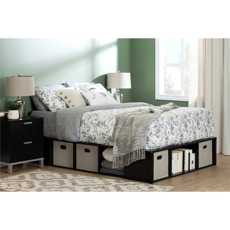 Bowery Hill Modern Wood King Storage Platform Bed in Black Oak/Taupe