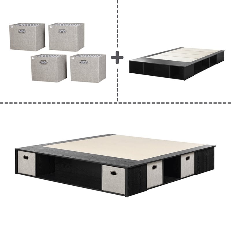 Bowery Hill Modern Wood King Storage Platform Bed in Black Oak/Taupe