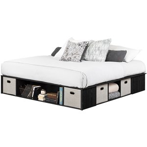 Bowery Hill Modern Wood King Storage Platform Bed in Black Oak/Taupe