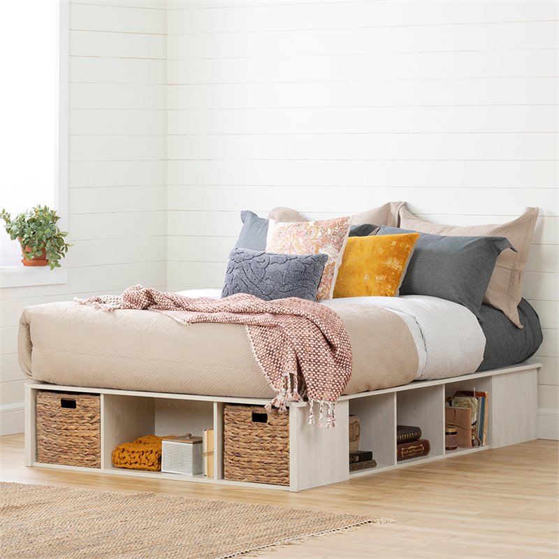 Bowery Hill Modern Wood/Rattan Full Storage Platform Bed in Winter Oak