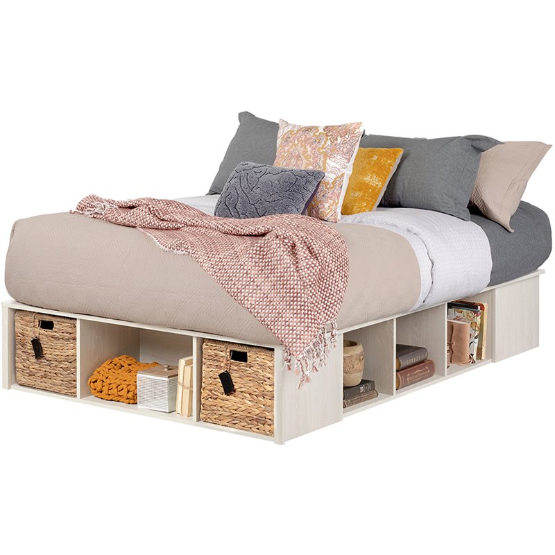 Bowery Hill Modern Wood/Rattan Full Storage Platform Bed in Winter Oak