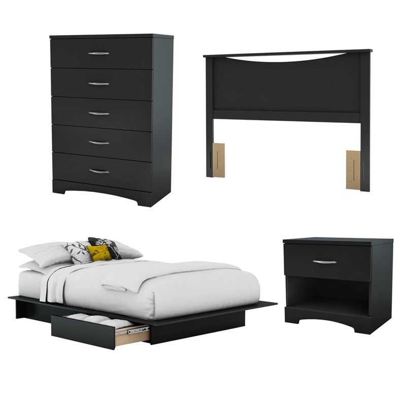 Bowery Hill Modern Wood 4 Piece Full Bedroom Set in Pure Black
