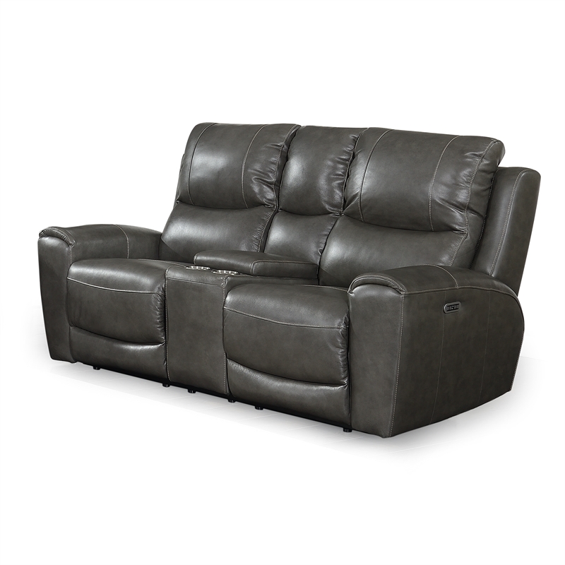 Bowery Hill Grey Leather Power Reclining Console Loveseat