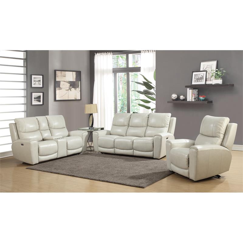 Bowery Hill Transitional Leather Power Reclining Console Loveseat in Ivory