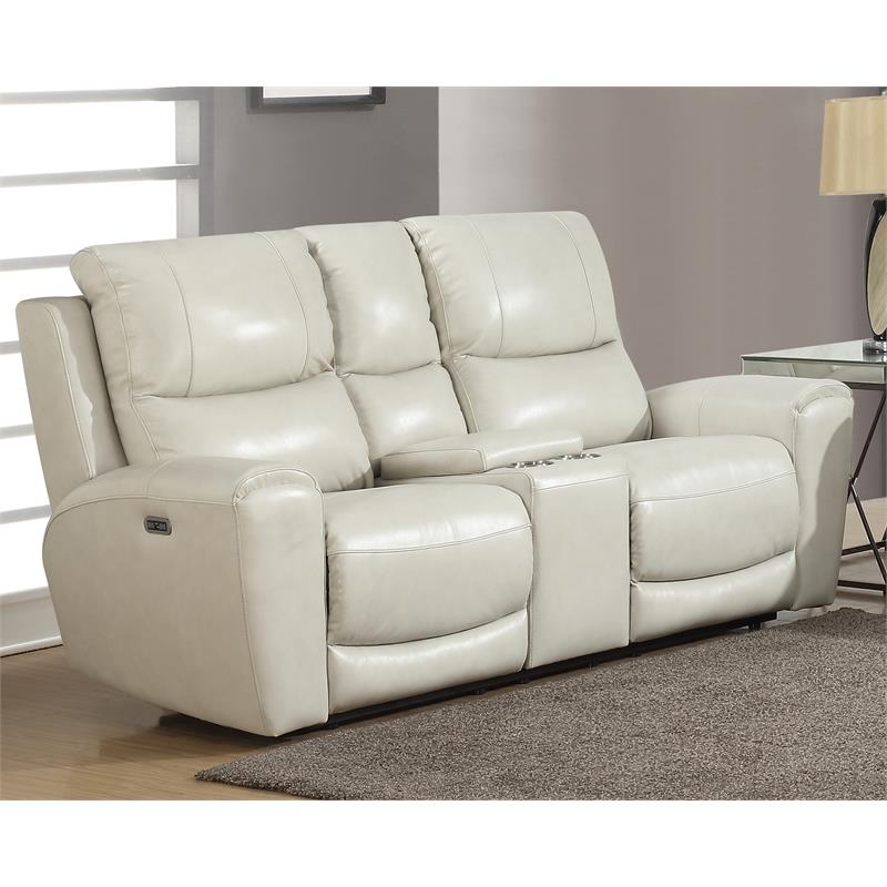 Bowery Hill Transitional Leather Power Reclining Console Loveseat in Ivory