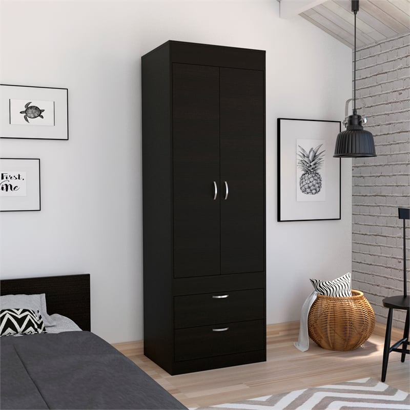 Bowery Hill 2 Drawer Contemporary Engineered Wood Lisboa Armoire in Black