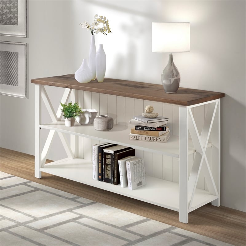 bowery hill farmhouse wood storage console for tvs up to 52&quot in white/brown