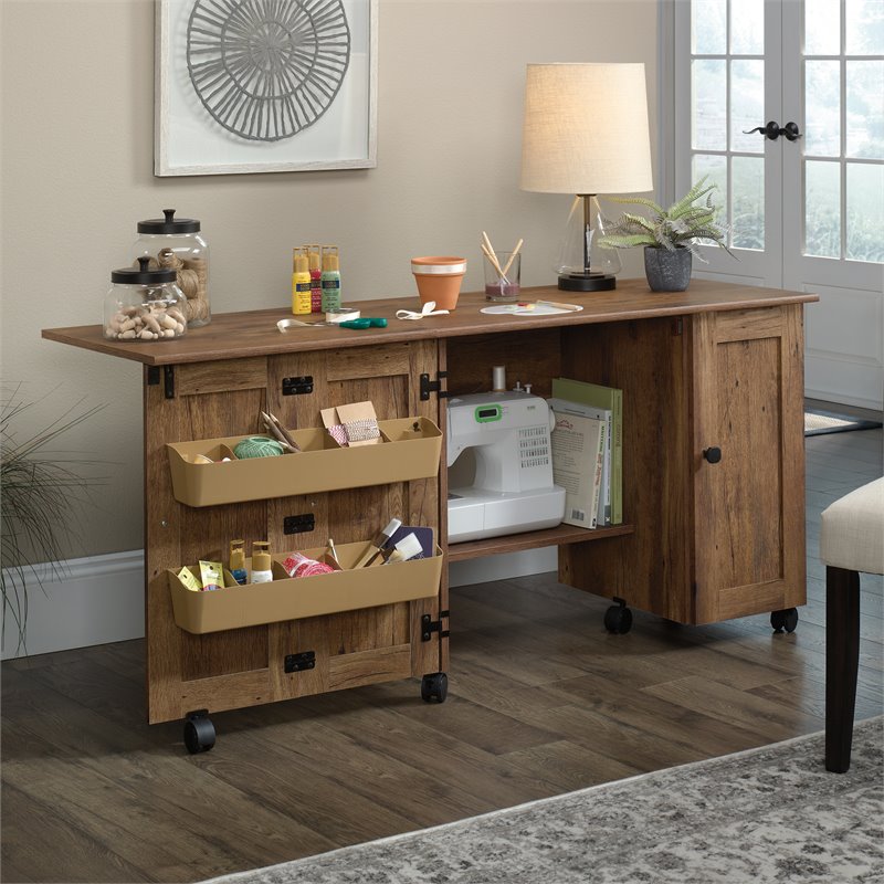 Bowery Hill Contemporary Engineered Wood Sewing Craft Cart in Oak