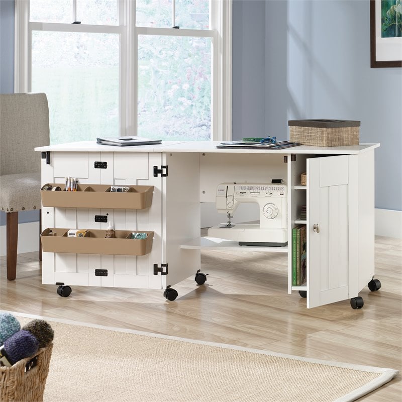 Bowery Hill Engineered Wood Drop-Leaf Sewing or Craft Table in Soft White