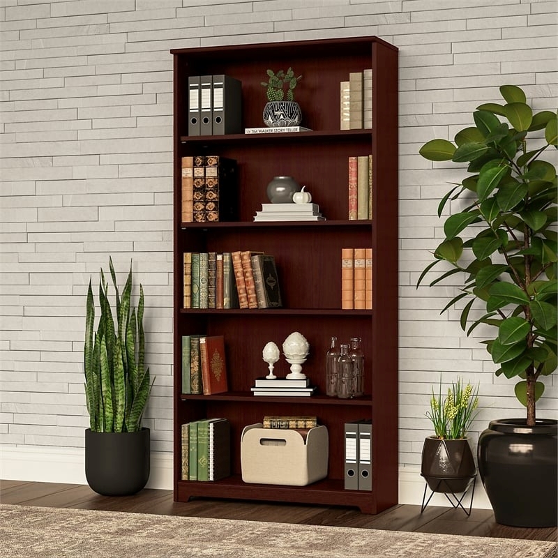 Bowery Hill 5 Shelves Transitional Wood Tall Bookcase in Harvest Cherry