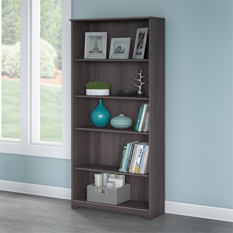 Bowery Hill Transitional 5 Shelf Tall Bookcase in Heather Gray - Engineered Wood