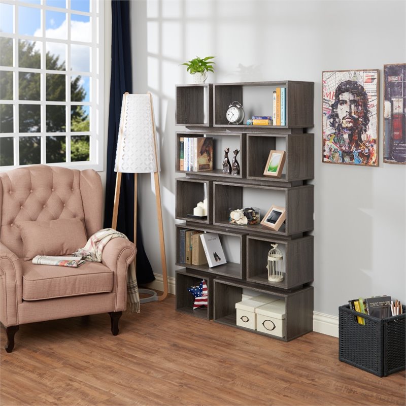 Bowery Hill Geometric Wood Bookcase in Distressed Gray