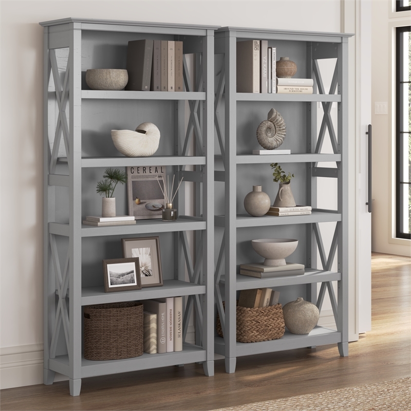 Bowery Hill 5 Shelves Wood Bookcase in Cape Cod Gray (Set of 2)