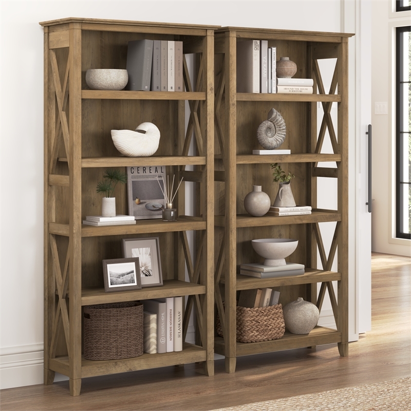 Bowery Hill 5 Shelf Modern Wood Bookcase in Reclaimed Pine (Set of 2)
