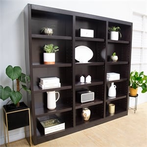 Bowery Hill Traditional 72&quot Tall 15-Shelf Triple Wide Wood Bookcase in Chocolate