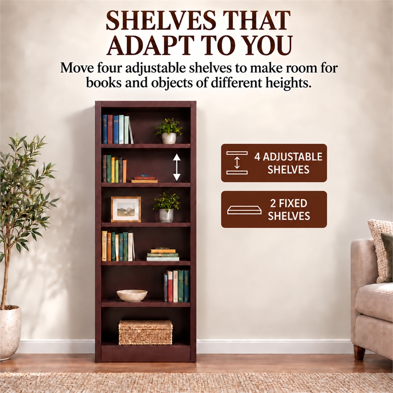 Bowery Hill Wood Cherry Bookcase Rectangular Adjustable 84