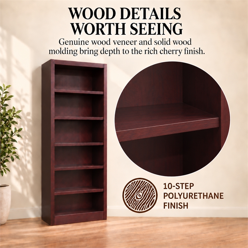 Bowery Hill Wood Cherry Bookcase Rectangular Adjustable 84
