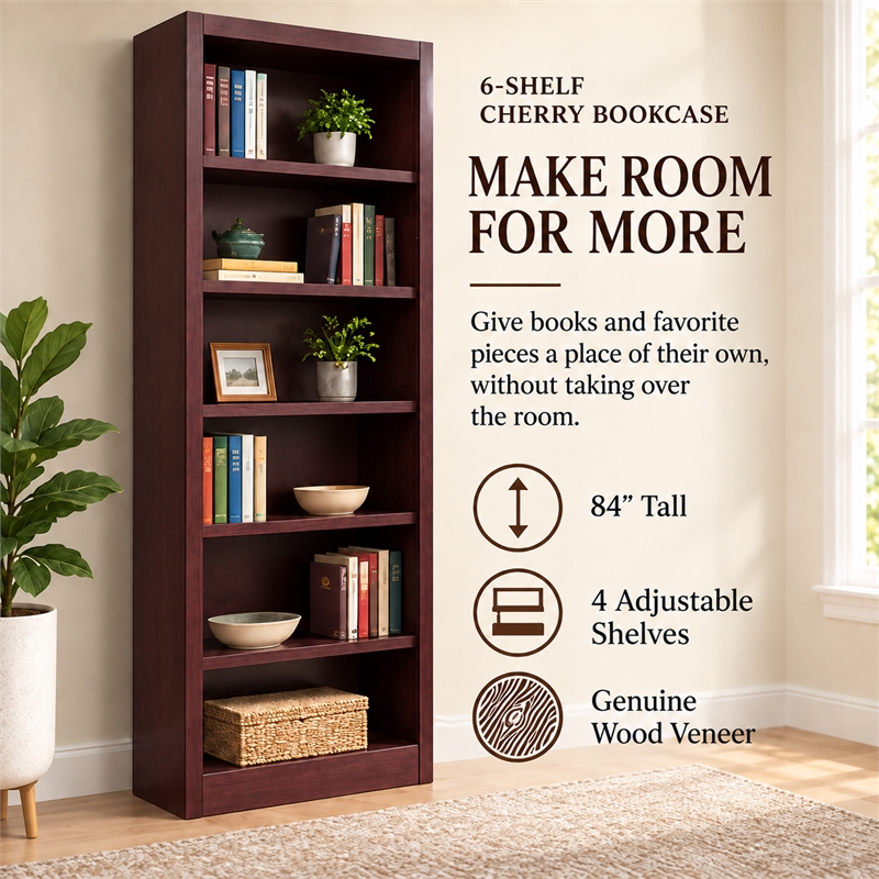 Bowery Hill Wood Cherry Bookcase Rectangular Adjustable 84