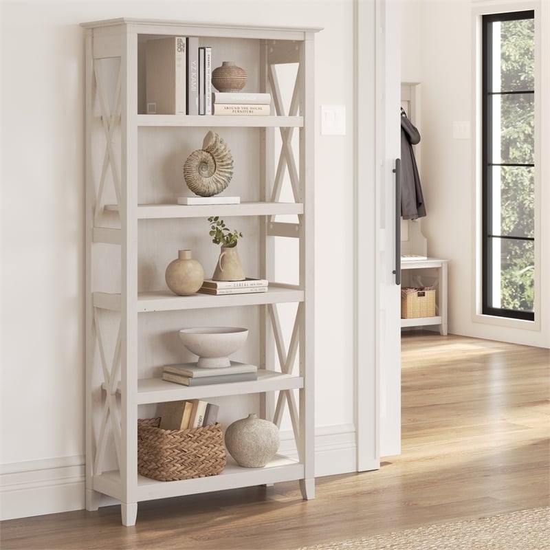 Bowery Hill 5-Shelf Coastal Wood Tall Bookcase in Line White Oak