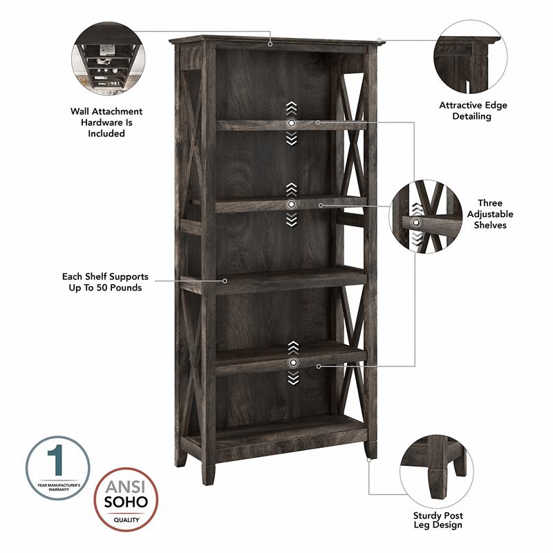 Bowery Hill 5 Shelves Coastal Wood Tall Bookcase in Dark Gray