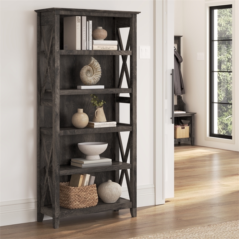 Bowery Hill 5 Shelves Coastal Wood Tall Bookcase in Dark Gray
