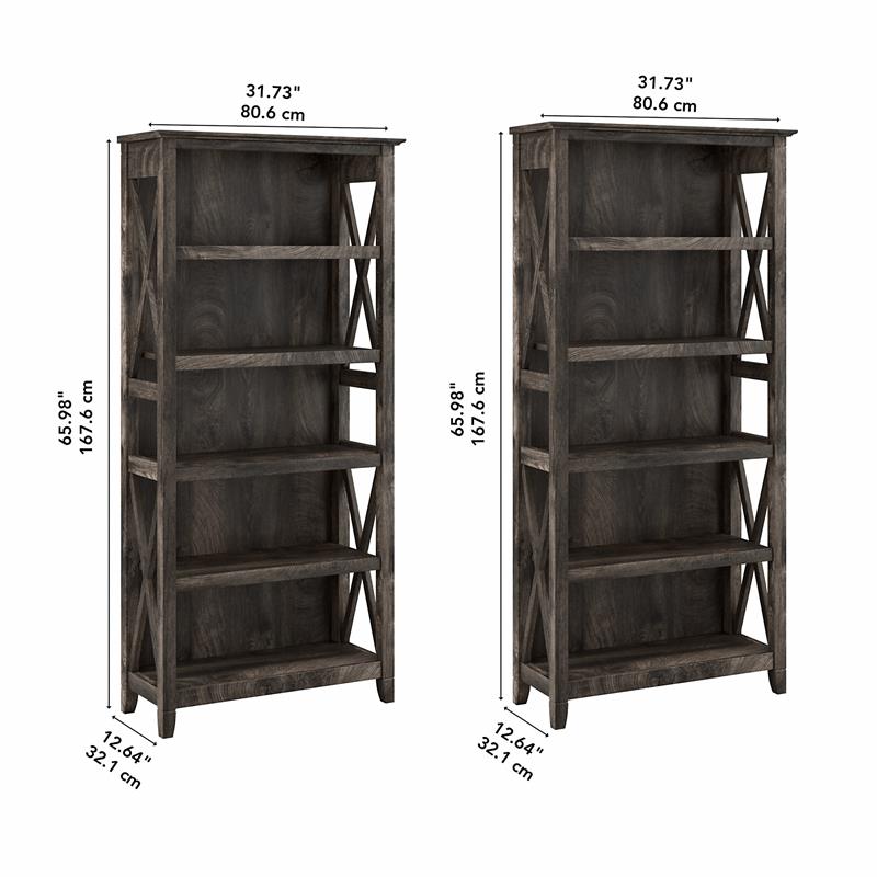 Bowery Hill 5 Shelves Wood Bookcase Set in Dark Gray Hickory