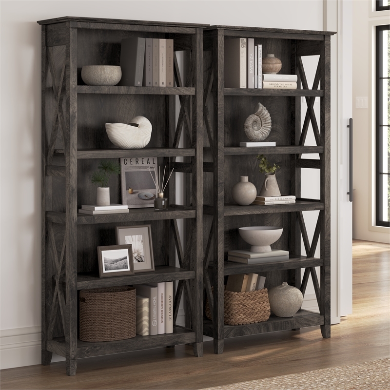 Bowery Hill 5 Shelves Wood Bookcase Set in Dark Gray Hickory