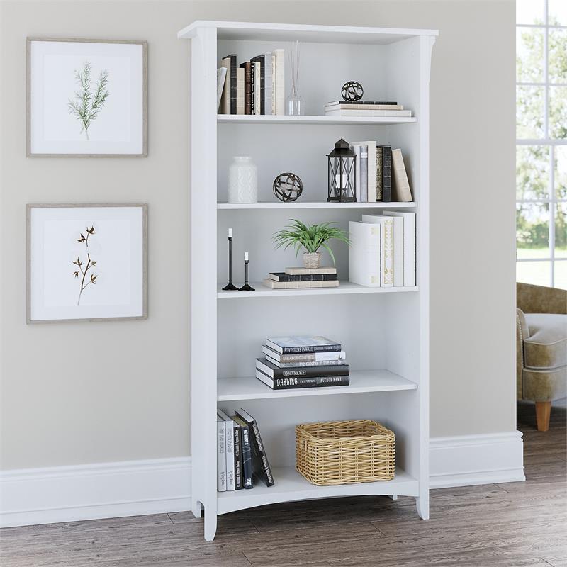 Bowery Hill Tall 5 Shelf Bookcase in Pure White and Shiplap Gray