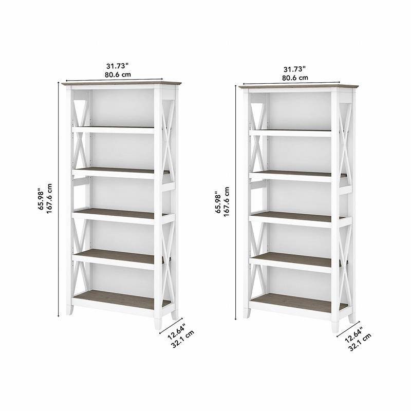 Bowery Hill 5 Shelf Modern Wood Bookcase Set in Shiplap Gray/White