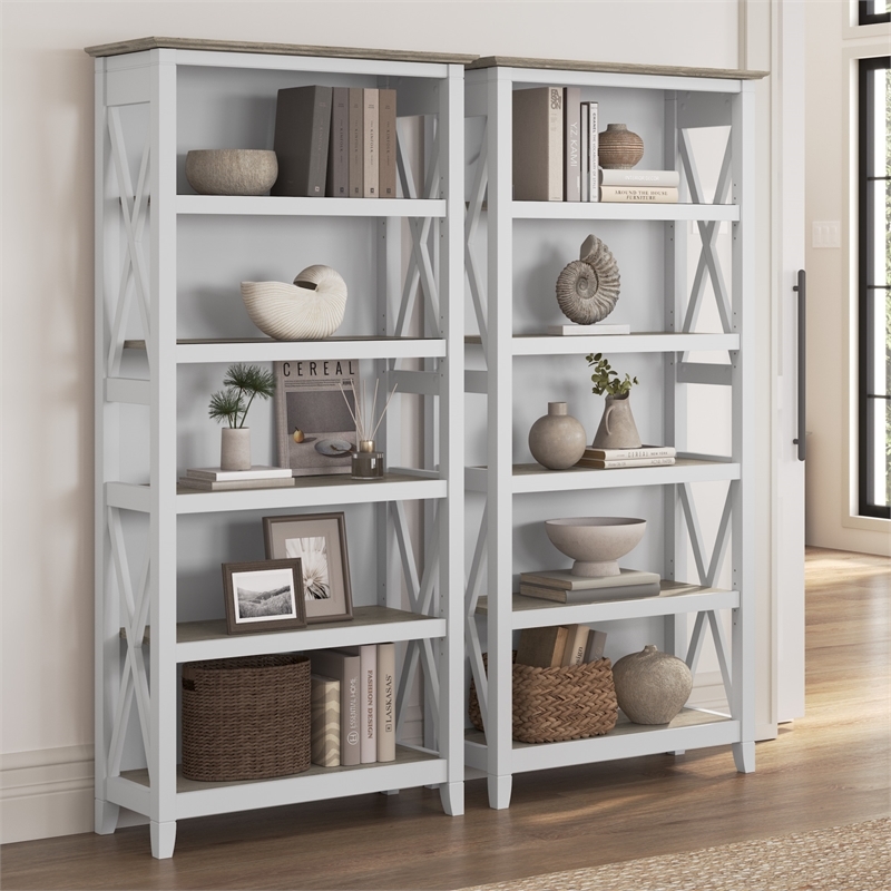 Bowery Hill 5 Shelf Modern Wood Bookcase Set in Shiplap Gray/White