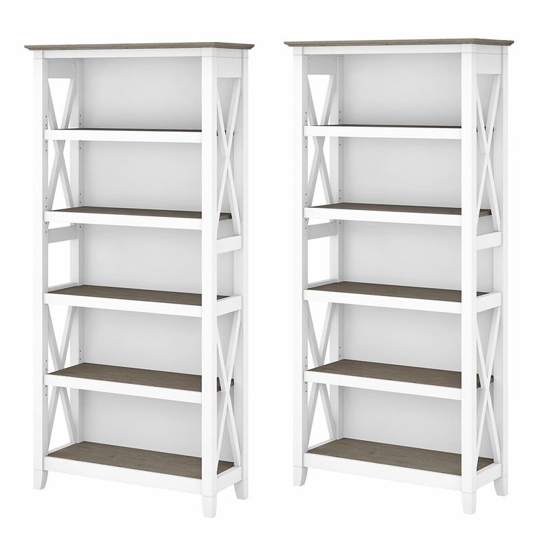 Bowery Hill 5 Shelf Modern Wood Bookcase Set in Shiplap Gray/White