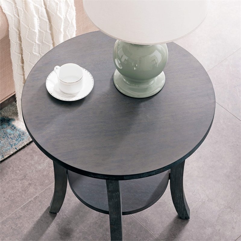 Bowery Hill Solid Wood Round End Table in Rustic Gray Wire Brushed