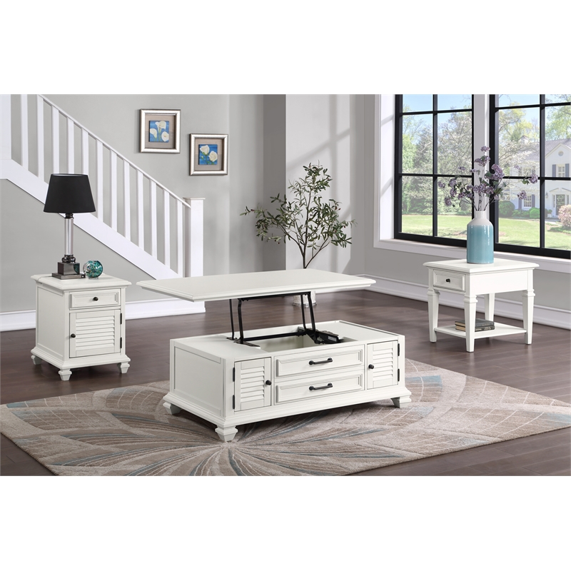 Bowery Hill Modern Farmhouse Soft White Wood Storage End Table with USB