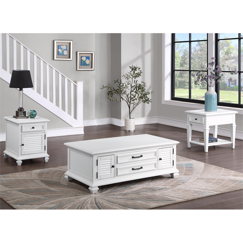 Bowery Hill Modern Farmhouse Soft White Wood Storage End Table with USB