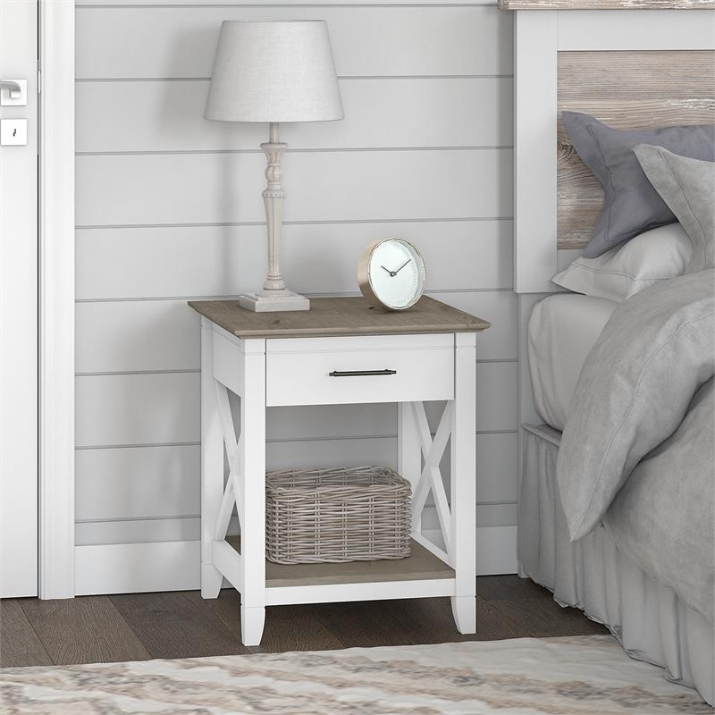 Bowery Hill Nightstand with Drawer in Pure White and Shiplap Gray