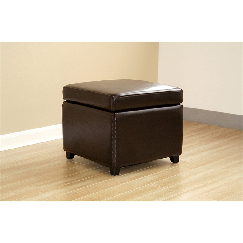 Bowery Hill Small Storage Cube Wood Ottoman in Dark Brown