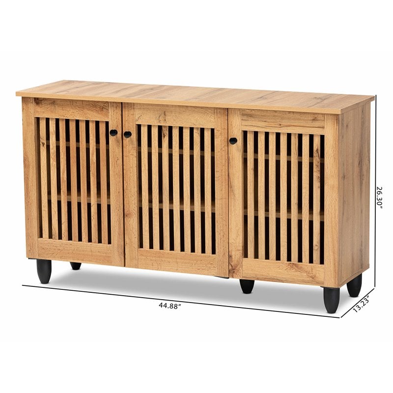 Bowery Hill Oak Brown Finished Wood 3-Door Shoe Cabinet