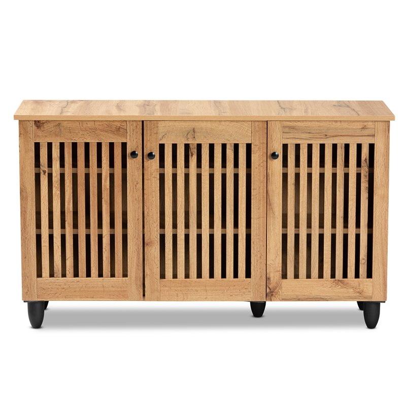 Bowery Hill Oak Brown Finished Wood 3-Door Shoe Cabinet