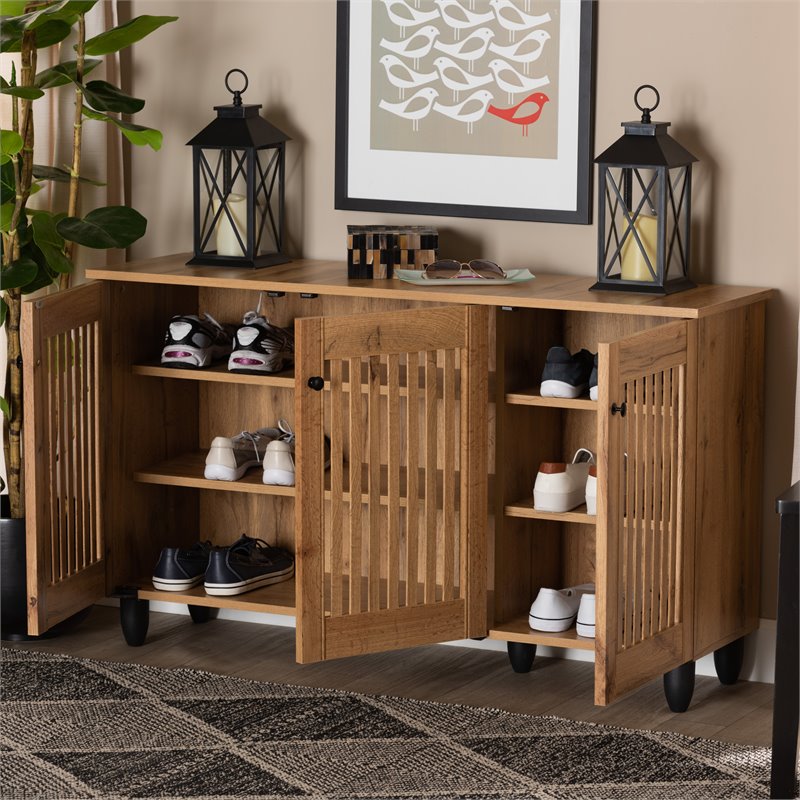 Bowery Hill Oak Brown Finished Wood 3-Door Shoe Cabinet