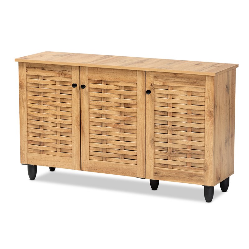 Bowery Hill Oak Brown Finished Wood 3-Door Shoe Cabinet