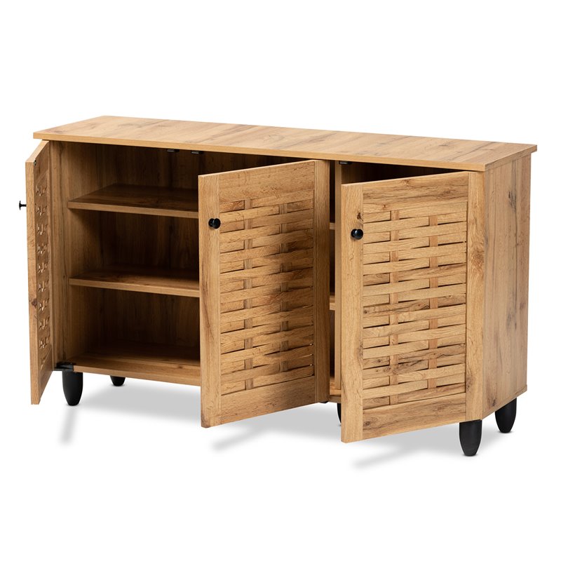 Bowery Hill Oak Brown Finished Wood 3-Door Shoe Cabinet