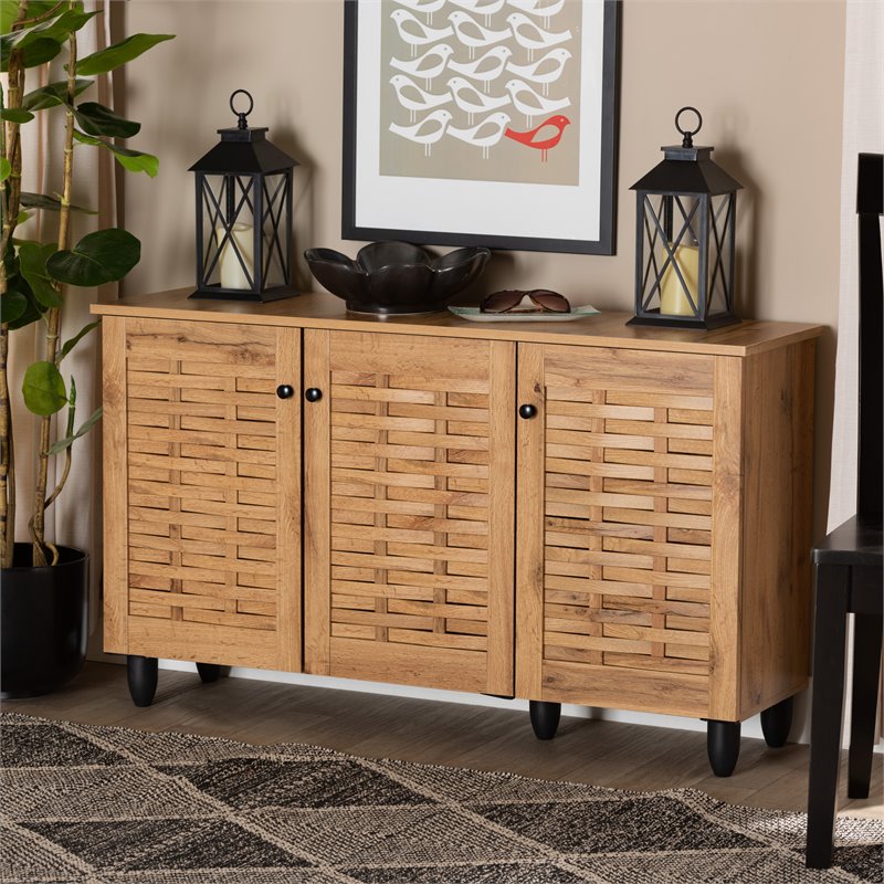 Bowery Hill Oak Brown Finished Wood 3-Door Shoe Cabinet