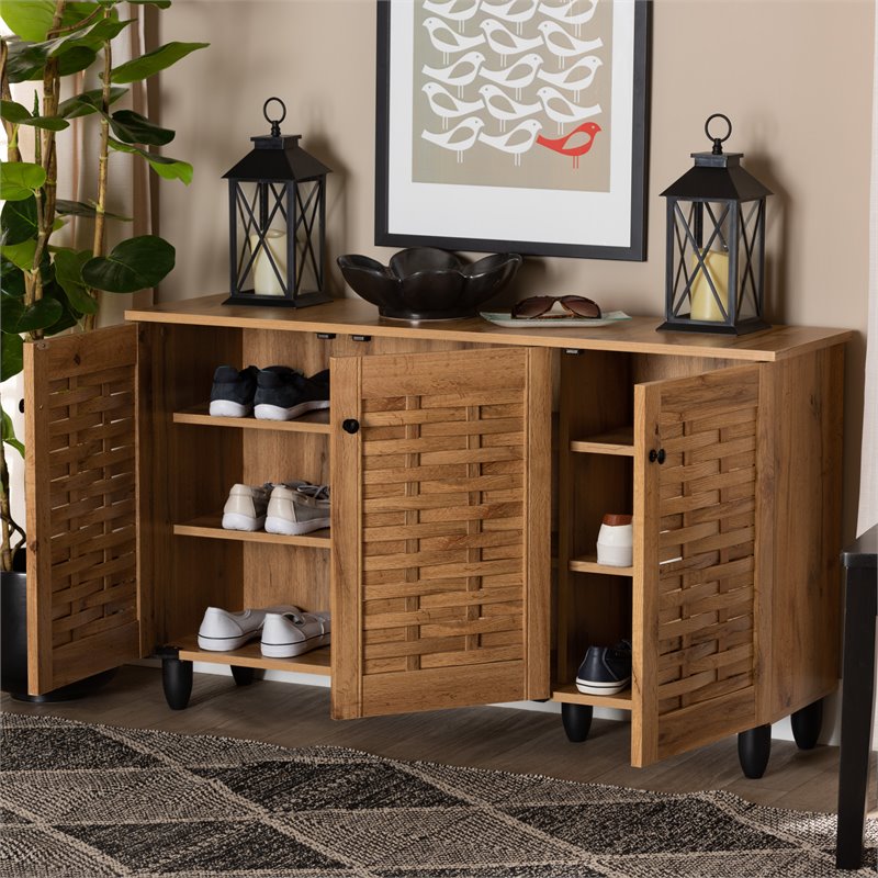 Bowery Hill Oak Brown Finished Wood 3-Door Shoe Cabinet