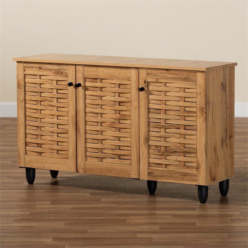 Bowery Hill Oak Brown Finished Wood 3-Door Shoe Cabinet