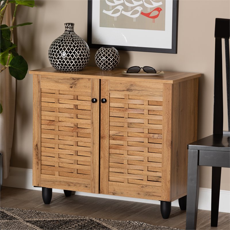 Bowery Hill Oak Brown Finished Wood 2-Door Shoe Cabinet