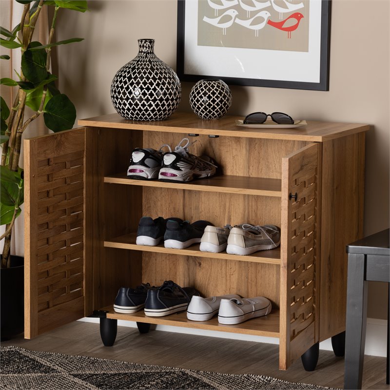 Bowery Hill Oak Brown Finished Wood 2-Door Shoe Cabinet