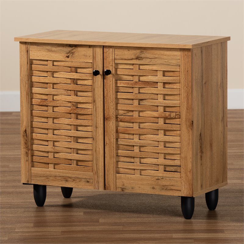 Bowery Hill Oak Brown Finished Wood 2-Door Shoe Cabinet