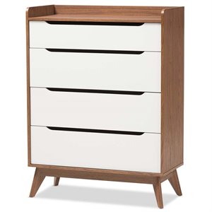bowery hill mid-century 4 drawer chest in white and walnut